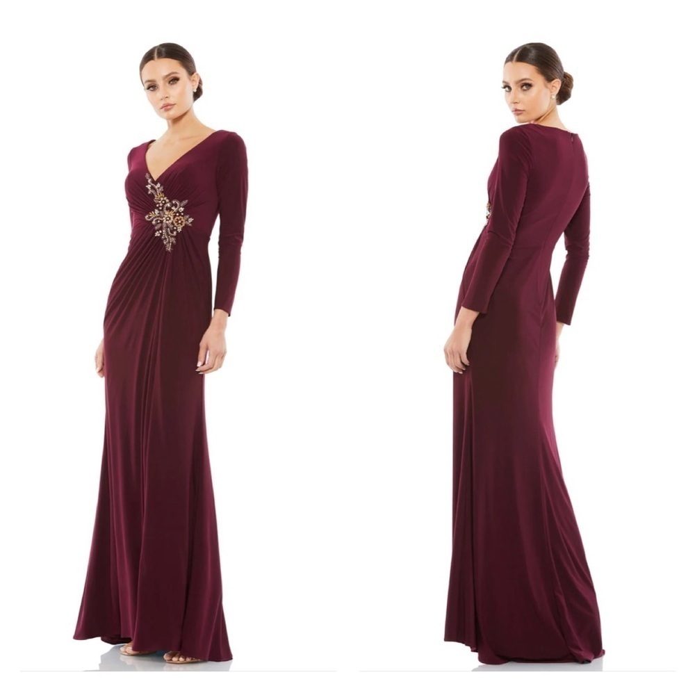 Mac Duggal 67848 NWT FAUX WRAP LONG SLEEVE GOWN W/ APPLIQUÉ DETAIL